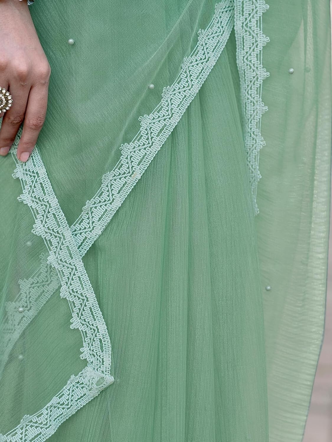 Shimmer Net Pearl Work & Lace Saree with Unstitched Blouse Piece
