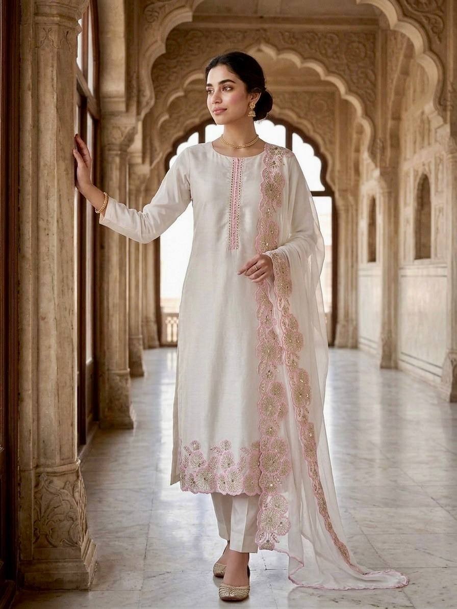 Off White Straight Kurta Set With Pink Scalloped Embroidery & Dupatta