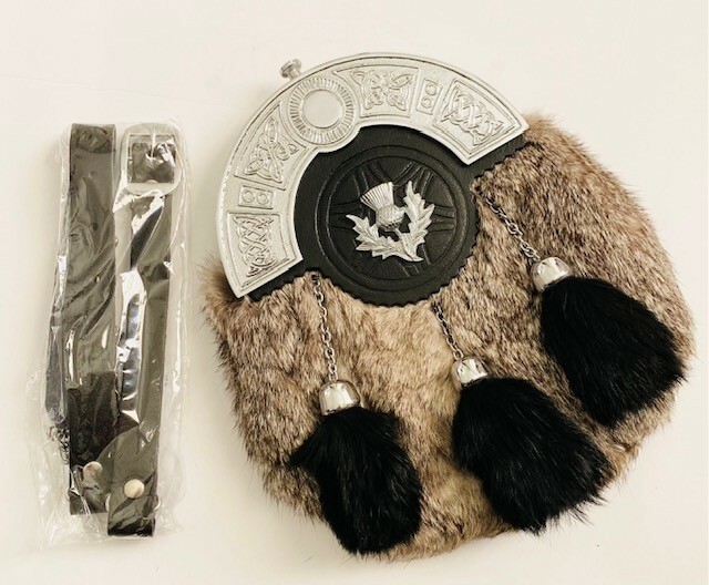 Gray and Black Rabbit Fur Scottish Sporran with 3 Black Fur Tassels