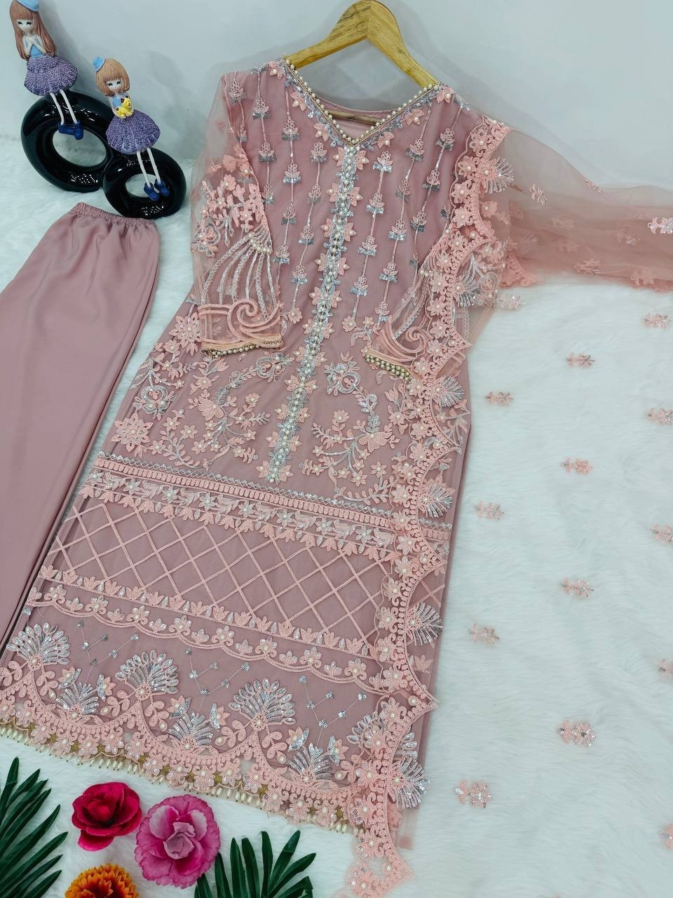 New Collection Dusty Pink Soft Net Kurta Palazzo With Dupatta For Reception Wear