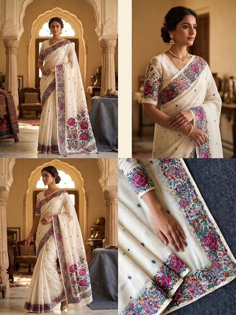 White Viscose Tissue Saree Floral Embroidery Butti Work Indian Traditional Sari