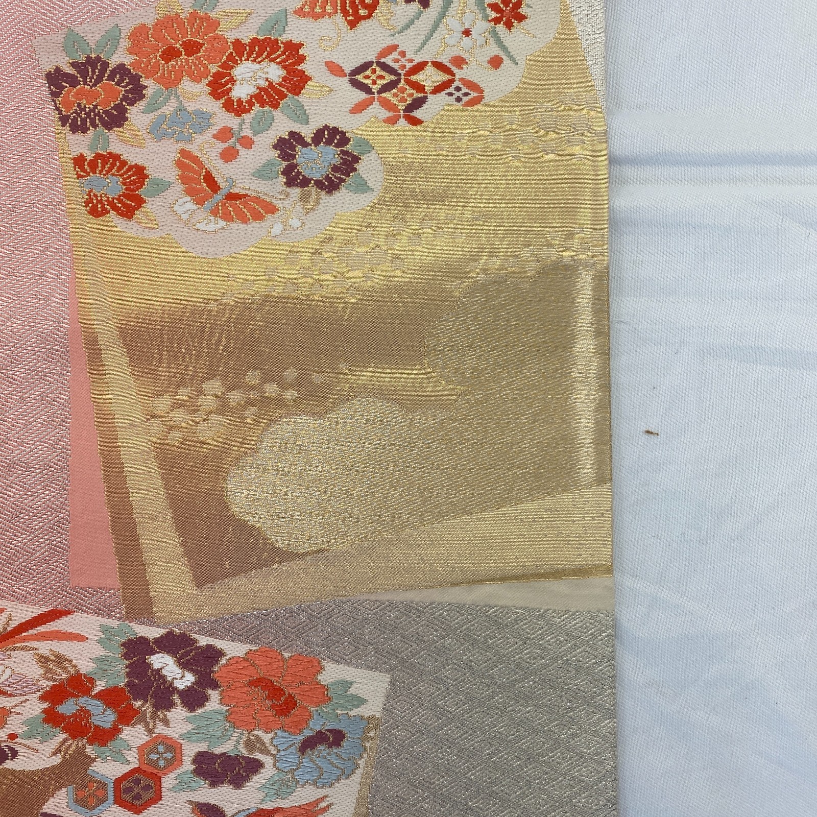 Japanese Vintage Kimono Fukuro Obi Silk Pink Traditional Embroidery 168 x11 in