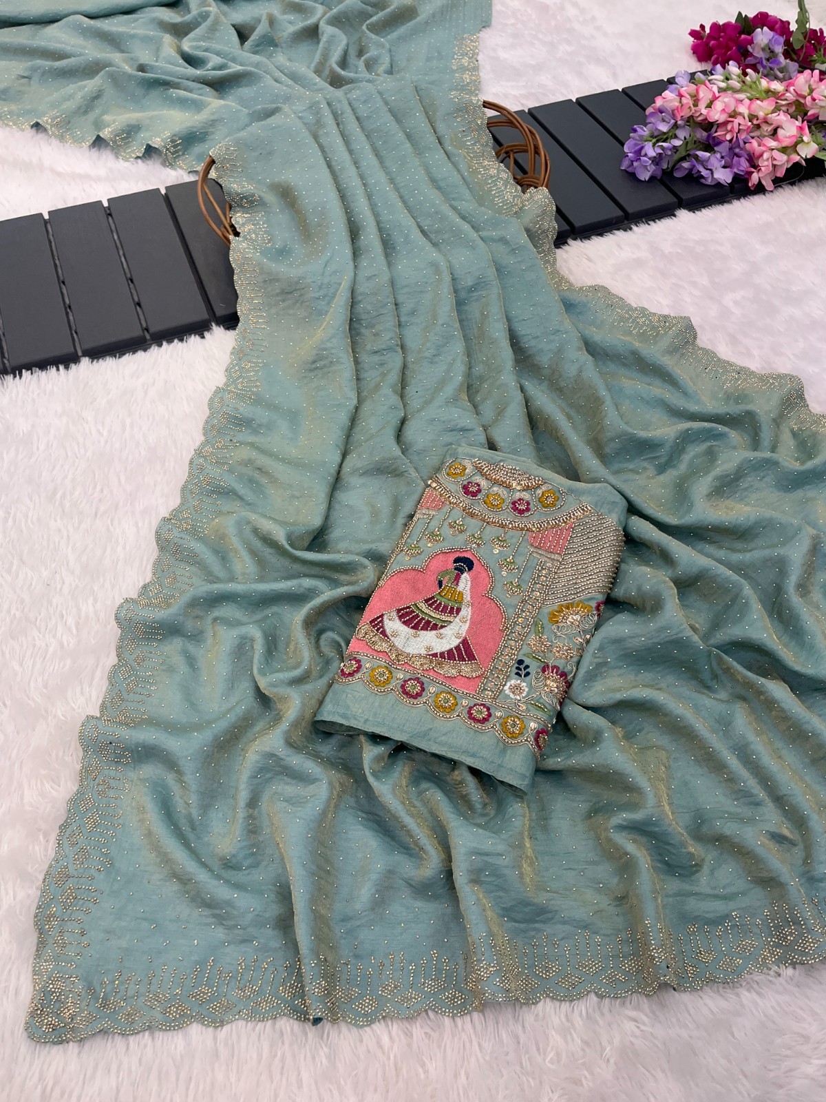 Sky Blue Glory Satin Two-Tone Saree Heavy Embroidered Designer Blouse Wedding
