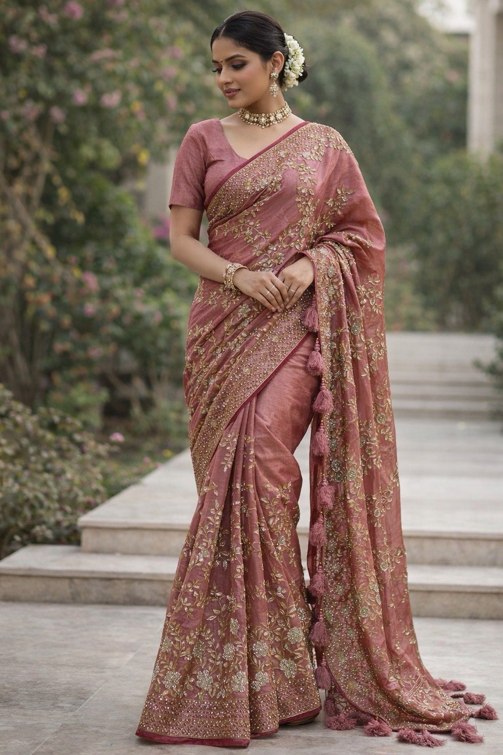 Embroidered mauve pink maslin Saree with all over zircon stone
