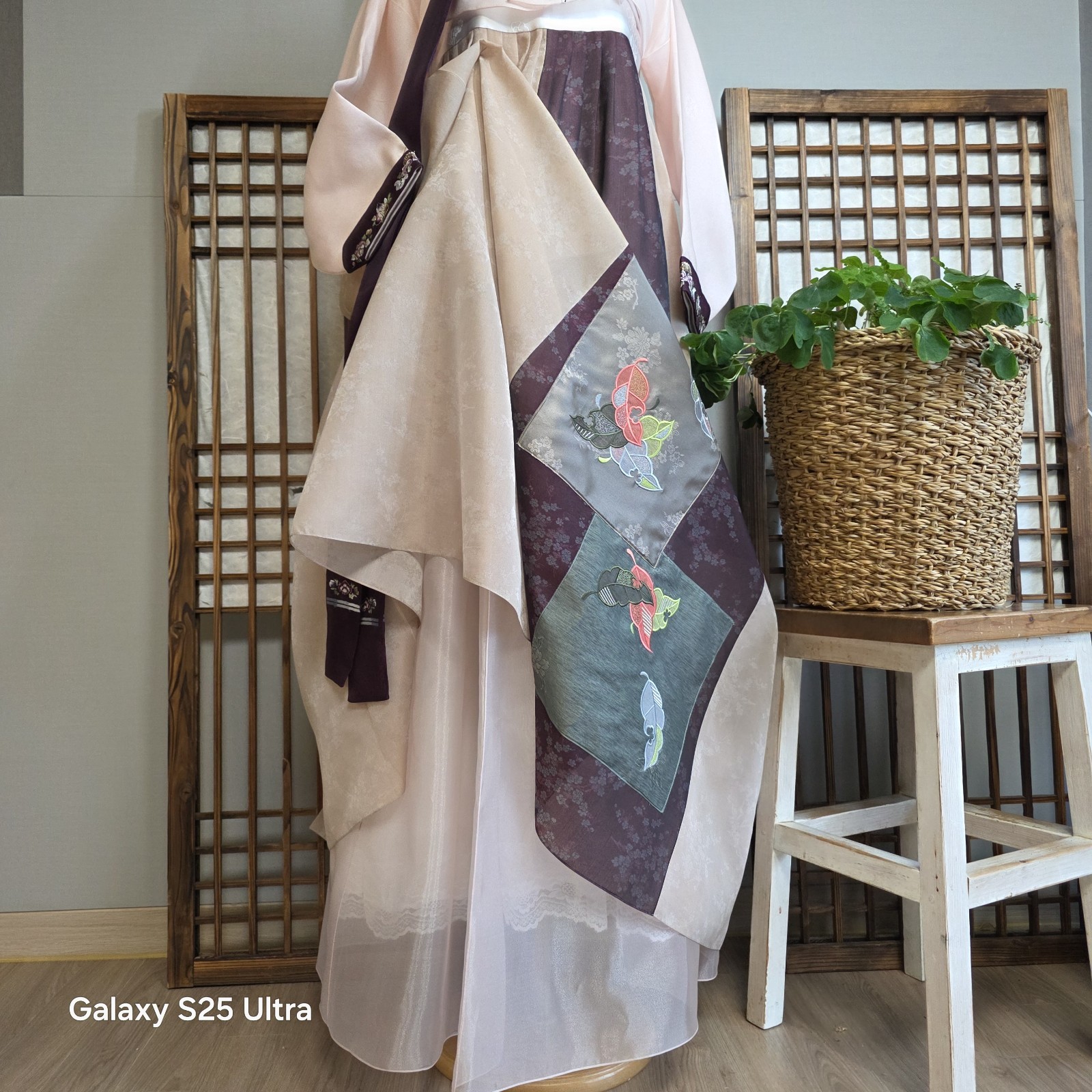 Korean Women Hanbok Set Blush Pink Jeogori Deep Plum Chima Embroidery Full Set