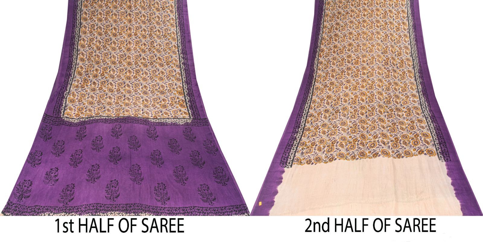 Sanskriti Vintage Saree Violet Pure Cotton Kalamkari Hand Block Print Sari 5.5Yd