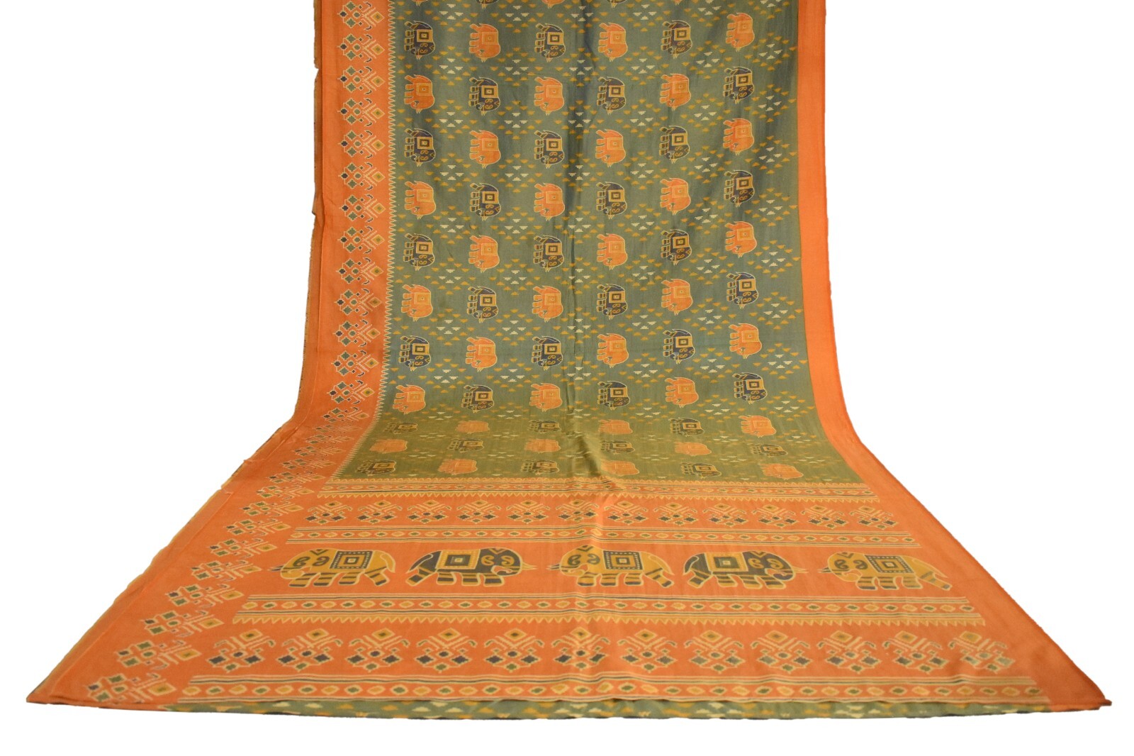 FNC Vintage Green Sambalpuri Ikat Sarees Handwoven Art Silk Sari Fabric Antique