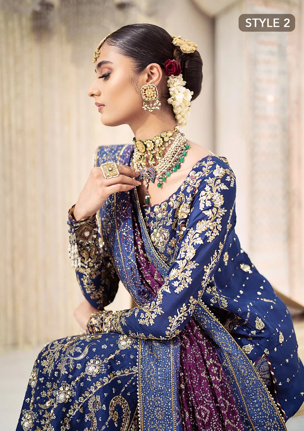 dark blue color hand embroidered wedding bridal long dress