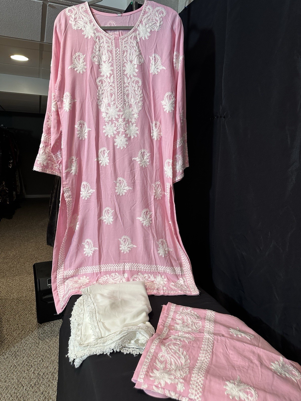 Beautiful soft linen Front & back emb-3 pc suit-emb plazo, laced dupatta-$44