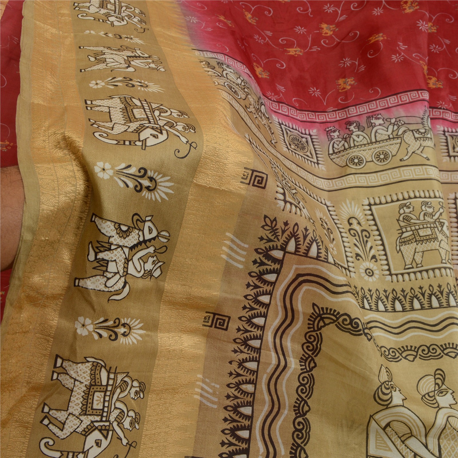 Sanskriti Vintage Sarees Red/Brown Animal Human Printed Pure Silk Sari Fabric