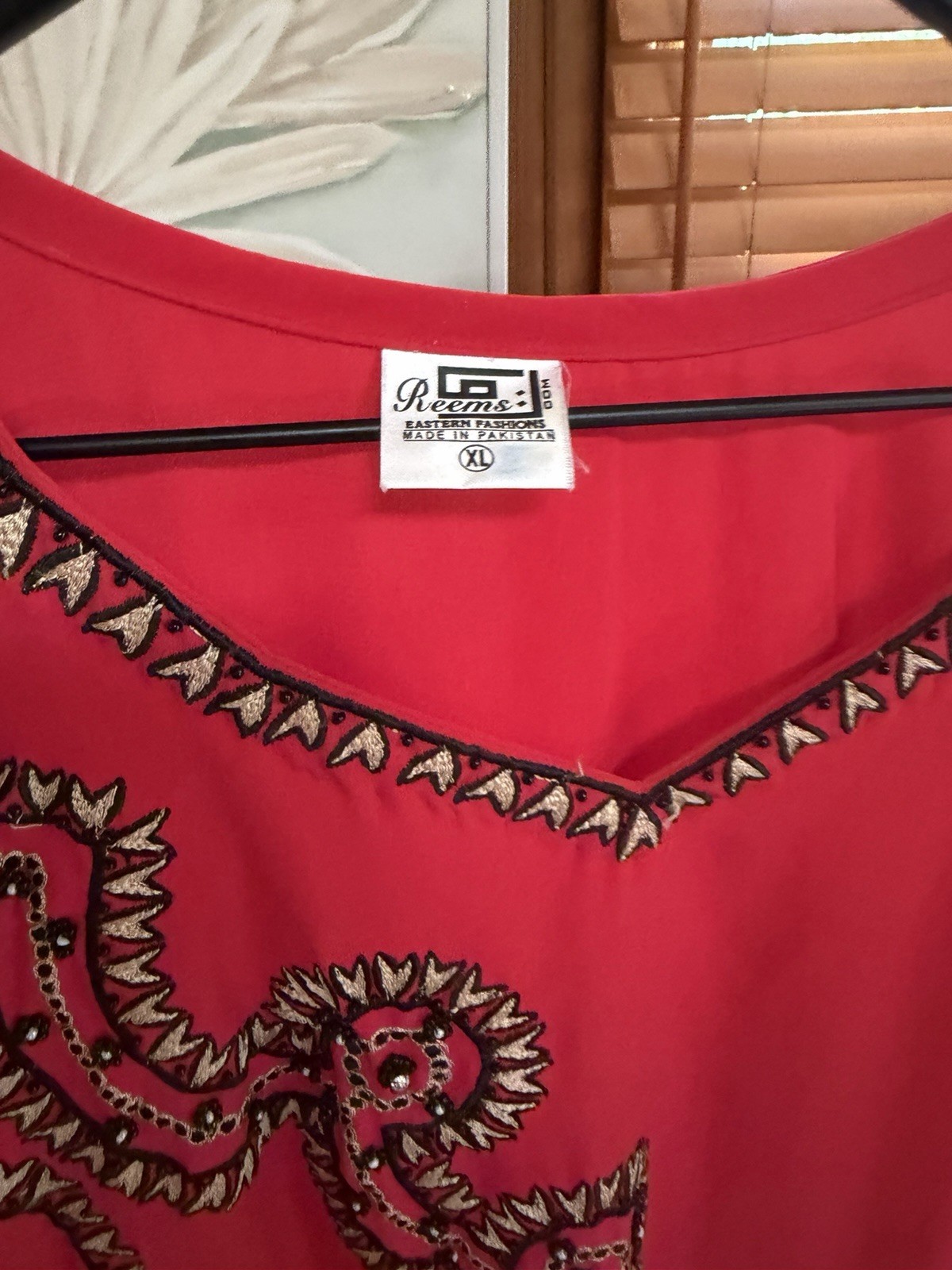 Reems Women’s Red Kaftan Dress XL Embroidered Trim Long Sleeve Chiffon