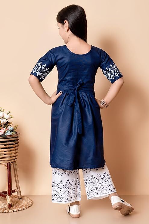 Indian Traditional Cotton Casual Printed Short Sleeves Long Kurta and Pallazzo