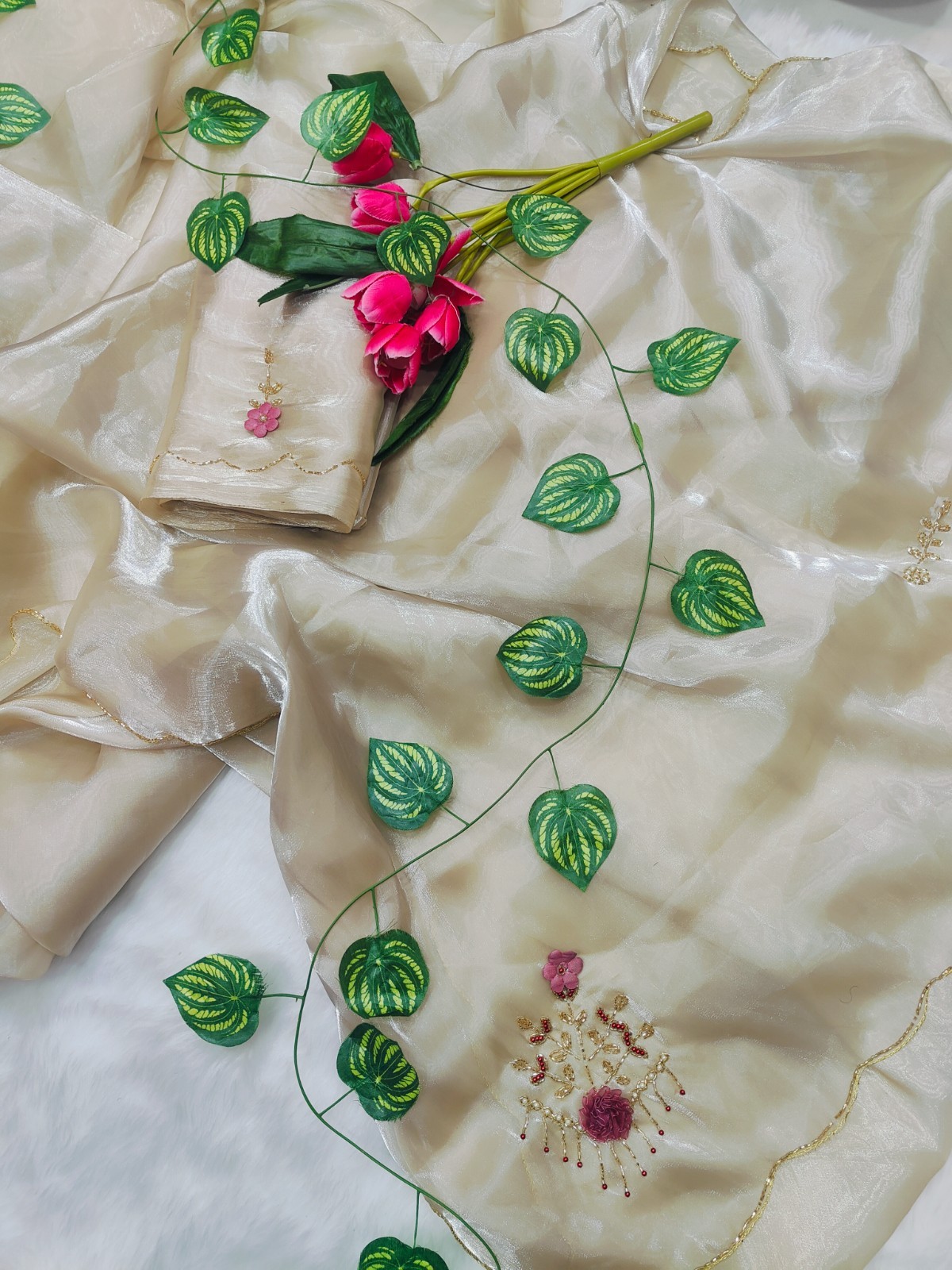 Bollywood Beige Saree Handwork Pearl Embroidery Party Wear Indian Sari