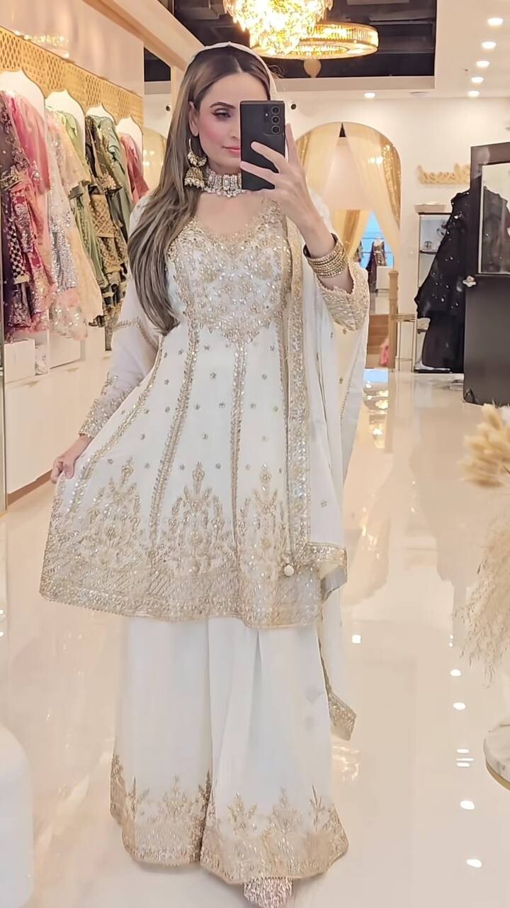 Stunning Look White Chinon Silk Kurta Palazzo With Dupatta For Women & Girls