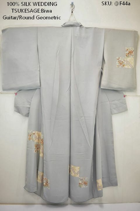 100% SILK KIMONO WEDDING TSUKESAGE:Biwa Guitar MUSIC FLOWER Geometric@F44a