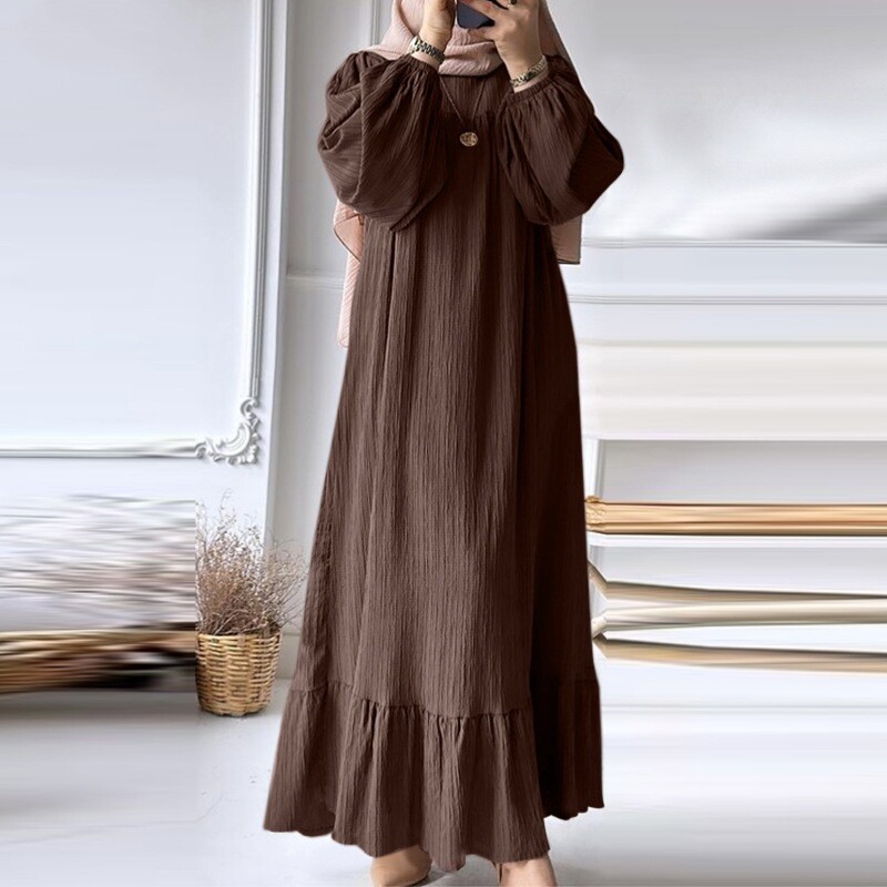 Women Dress Muslim Abaya Loose Burqa Long Sleeved Lady Plain Color Flounce Dress