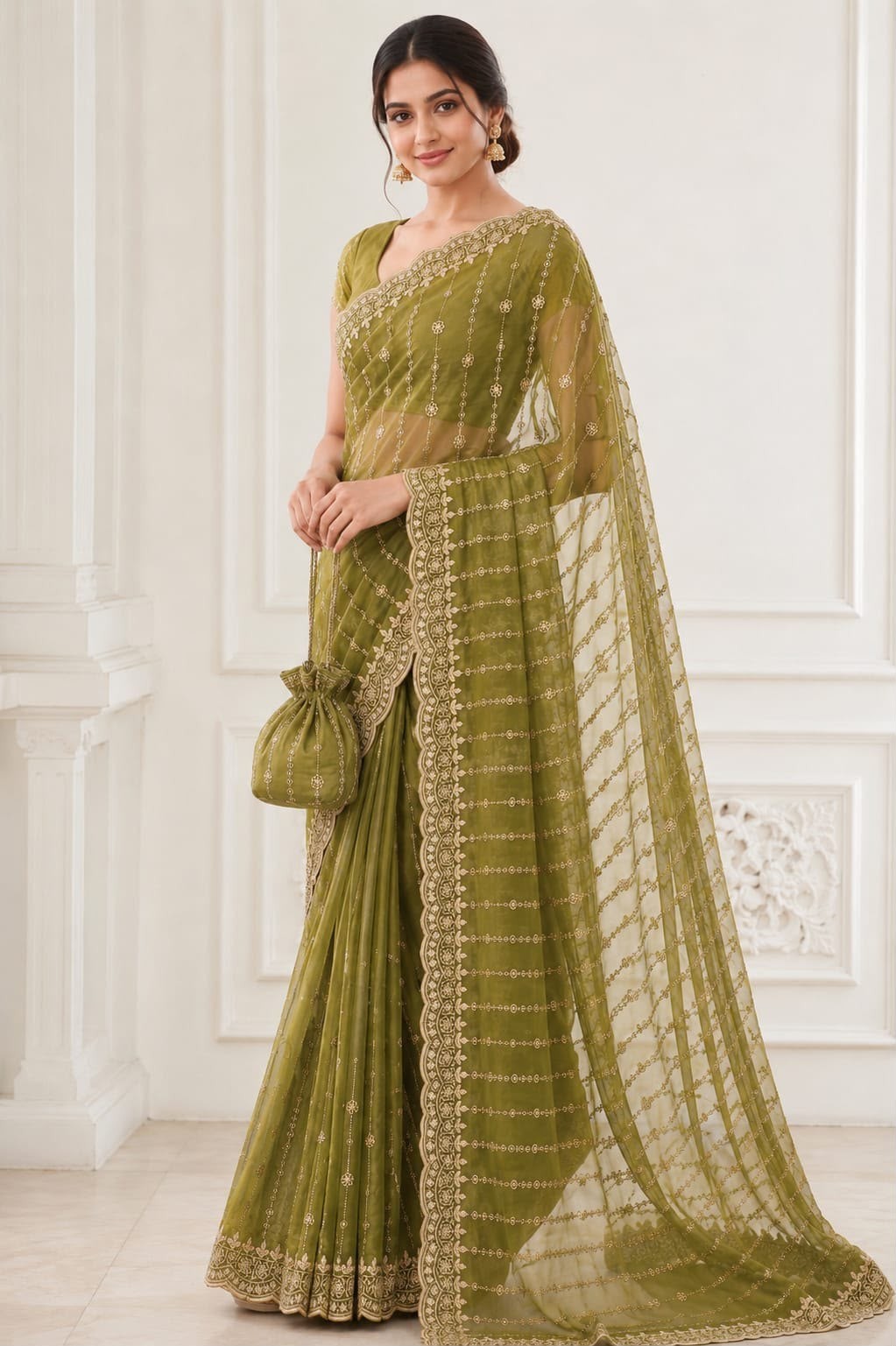 NC Moss Gold Shine Saree Designer Multi Sequence Embroidery Work Running Blouse