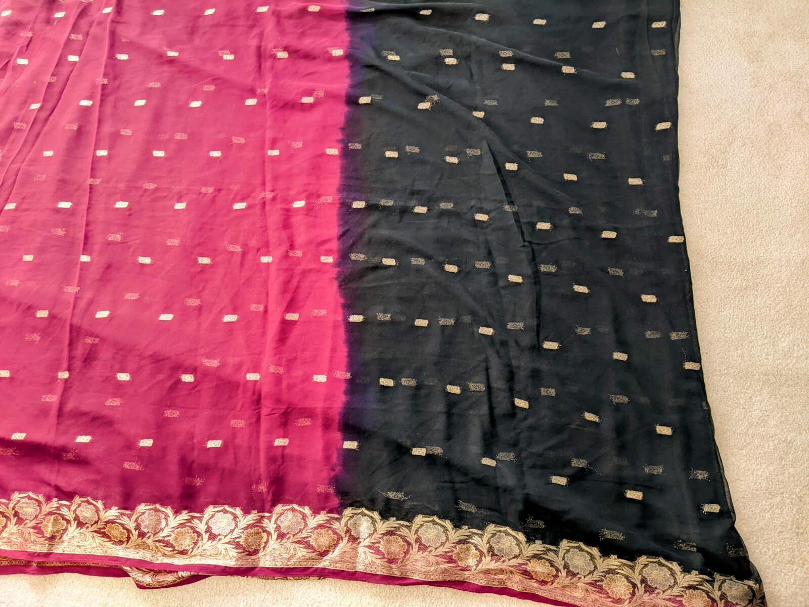 Indian Black saree with rani pink pallu. Comes with stitched blouse &Pico