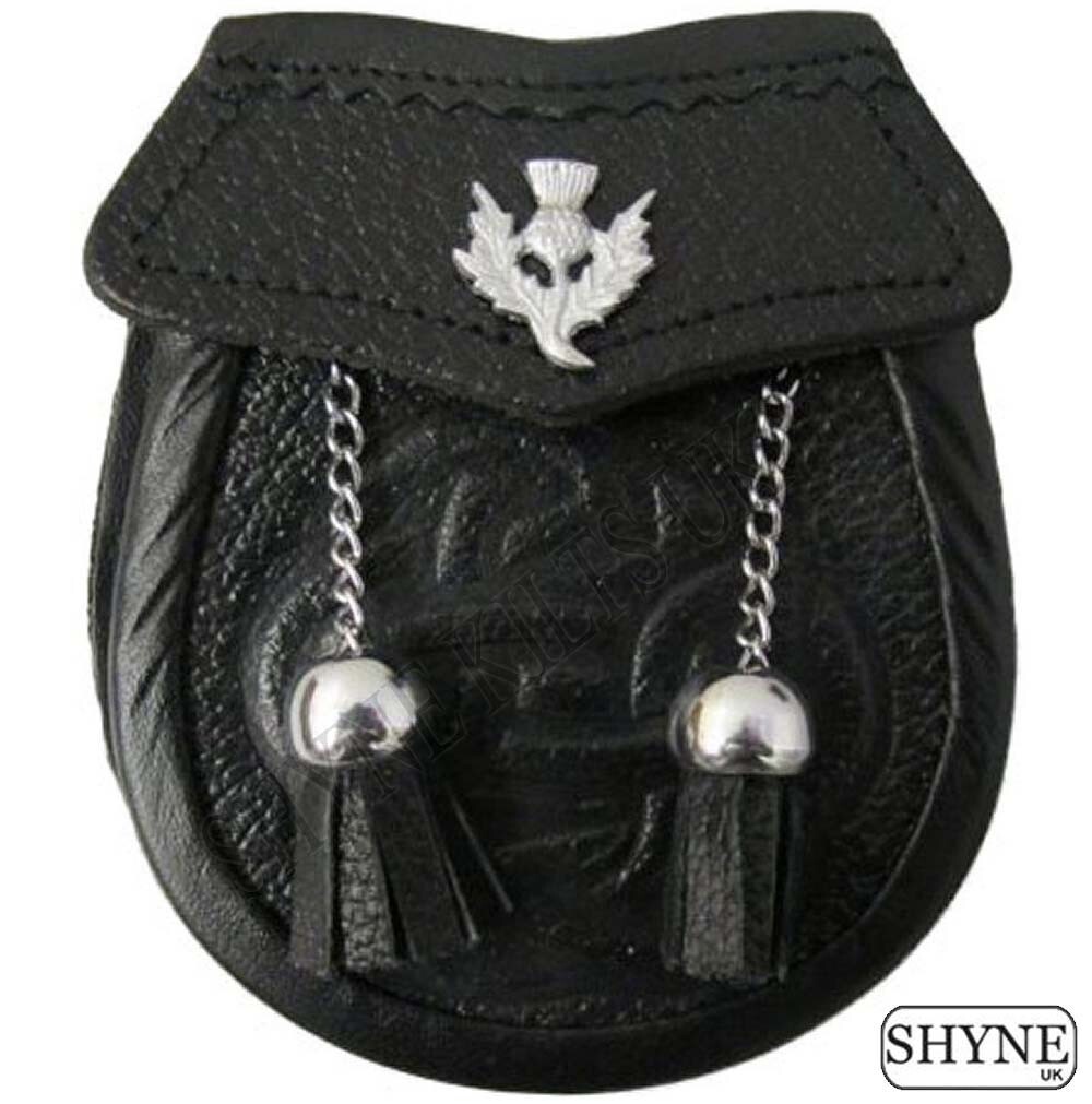 Baby Celtic Embossed Sporran -Thistle On Flap With 2 Tassels & Chain Belt