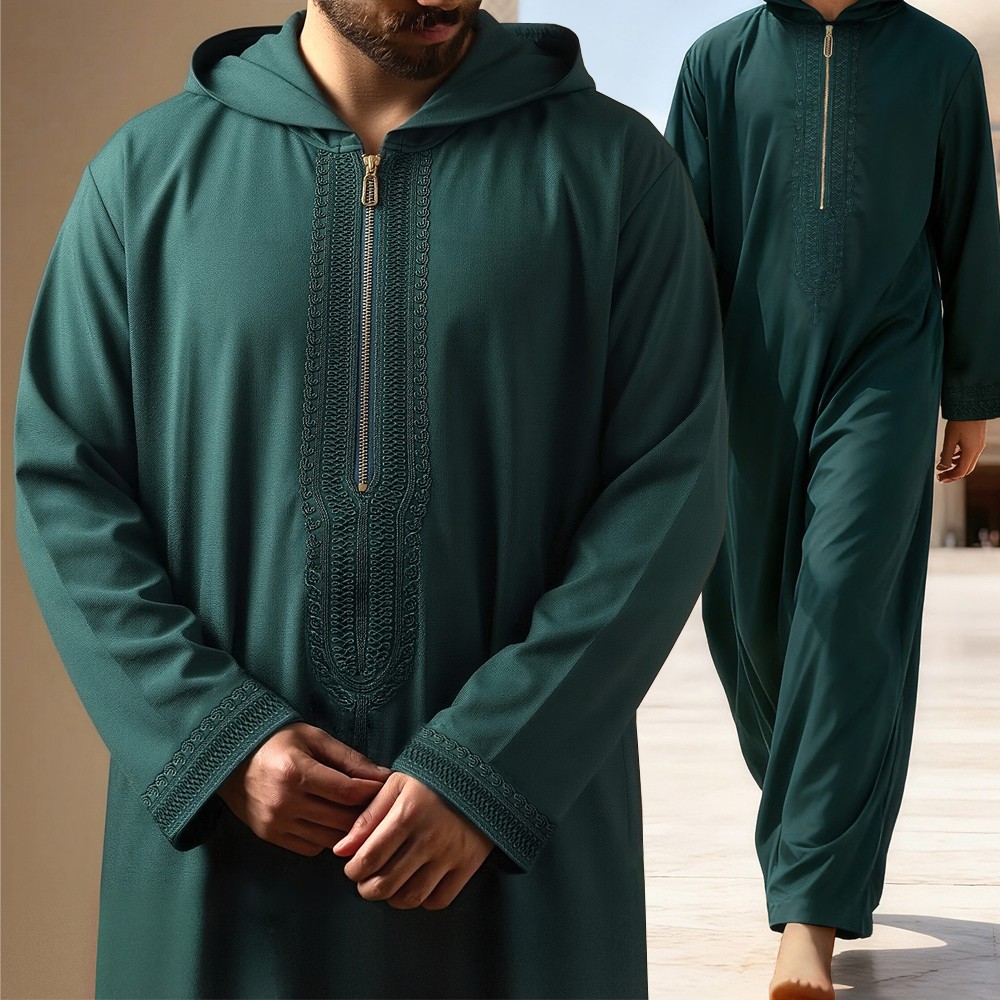 Mens Hooded Thobe Saudi Islamic Clothing Arab Muslim Eid Kaftan Jubbah Robe