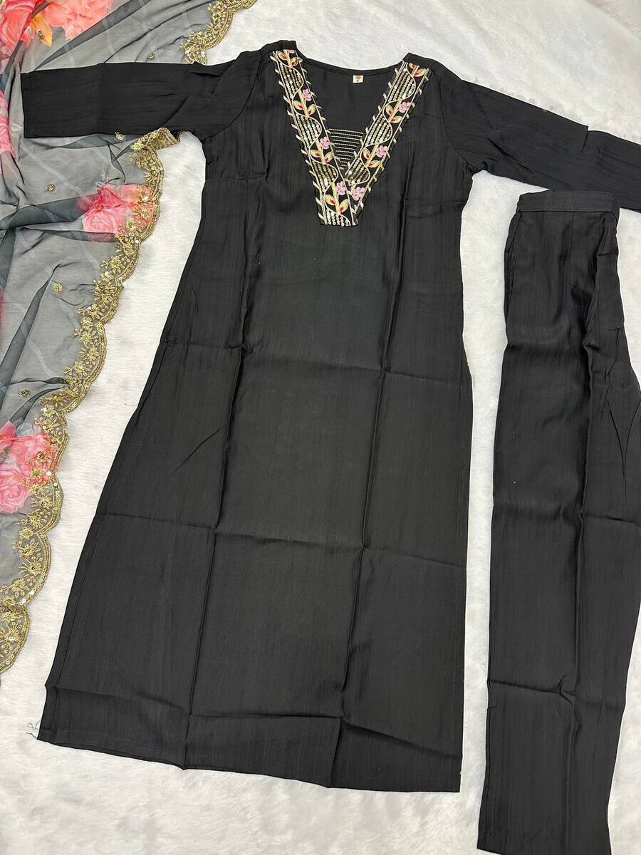 INDIAN CHANDERI SILK EMBROIDERY WORK TOP BOTTOM WITH PRINTED DUPATTA BLACK L
