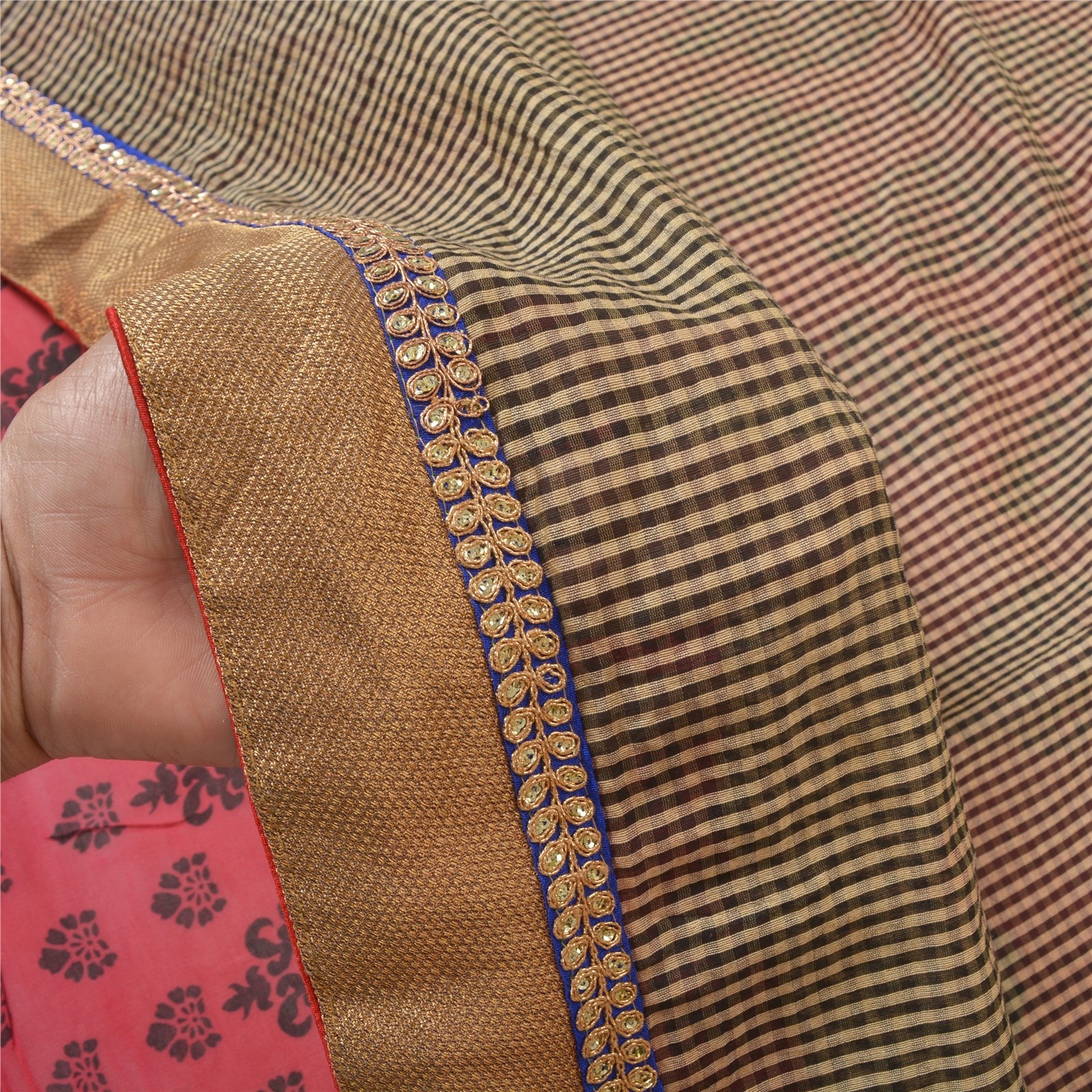 Sanskriti Vintage Pink &Cream Sarees Pure Georgette Embroidery Woven Sari Fabric