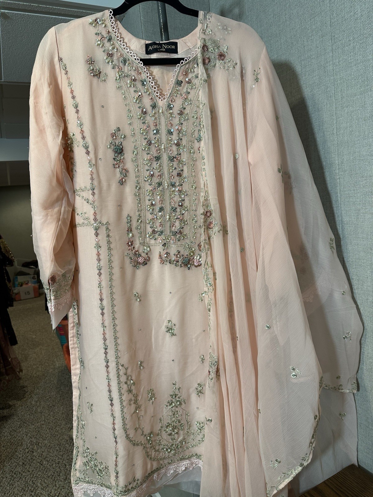 Beautiful Chiffon Embroidered 3 Pc Suit – Large Size – $60