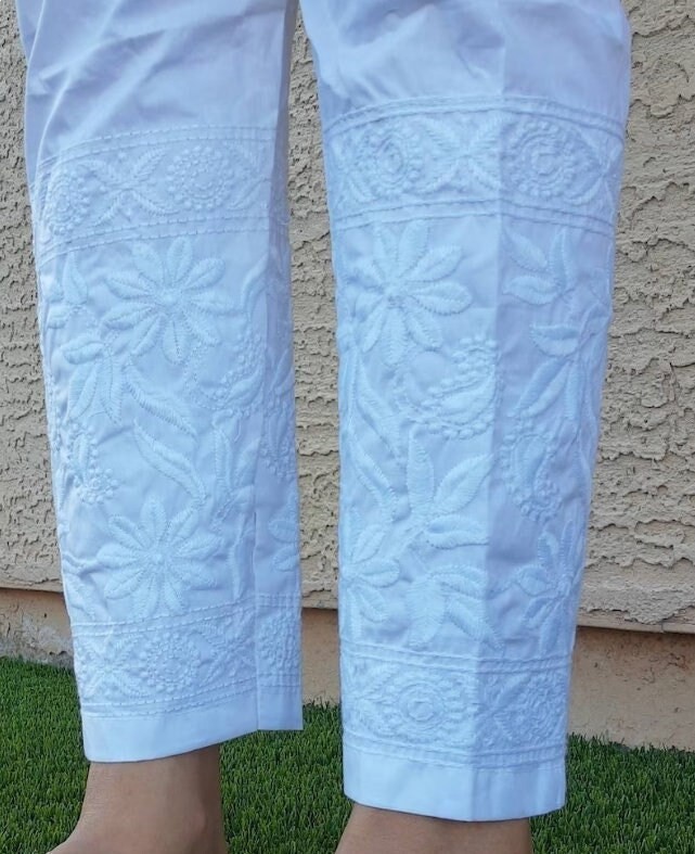 Lucknowi Chikankari Cotton Lycra Stretchable Pants | Ankle LengthPant for women