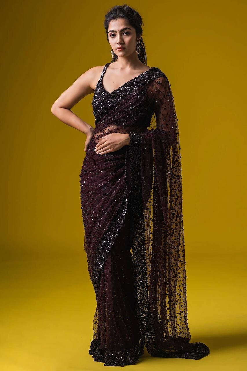 Stunning Look Net Fabric Brown Saree With Fancy Blouse For Functional Wear