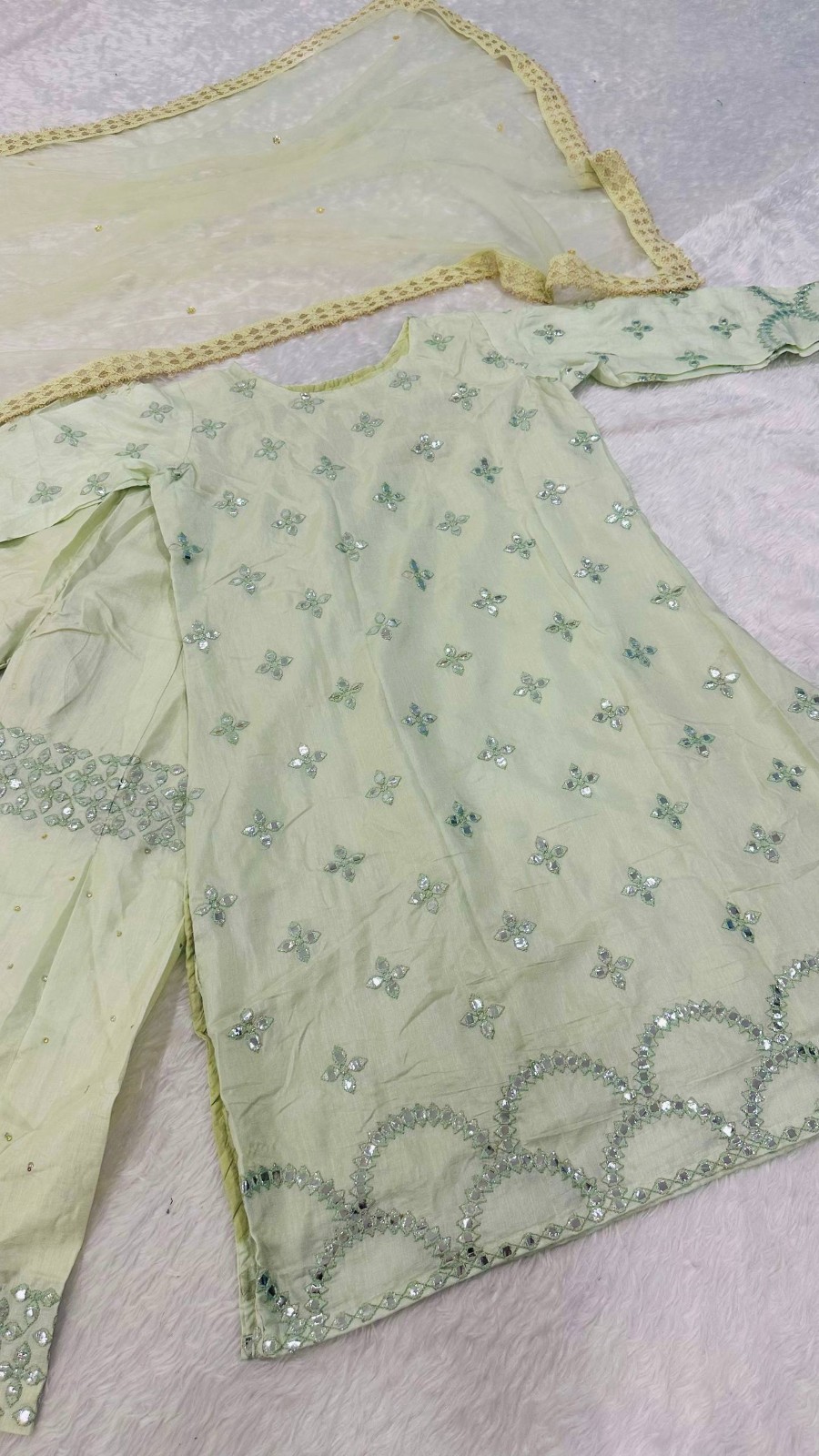 New Bollywood Style Nylon Silk Kurta Palazzo With Net Dupatta For Women