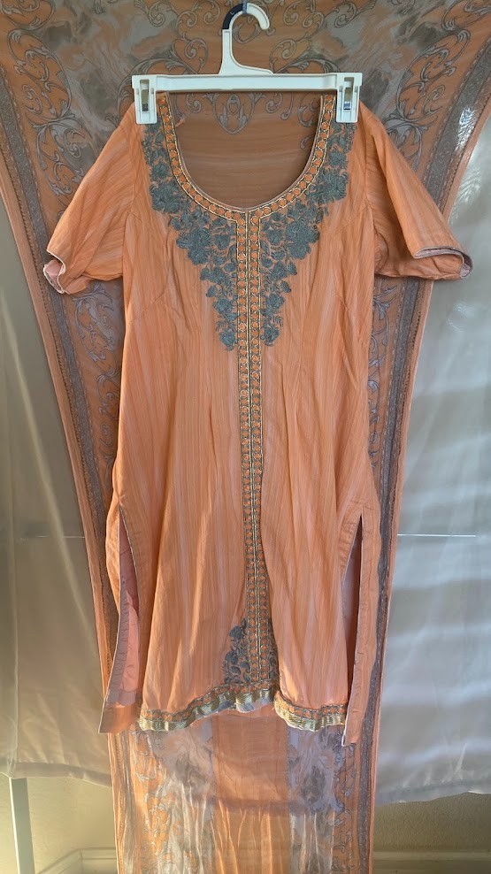 3Pc Indian Salwar Kameez Suit Peach Cotton Slate Gray Zari Tunic Dress Pants Set