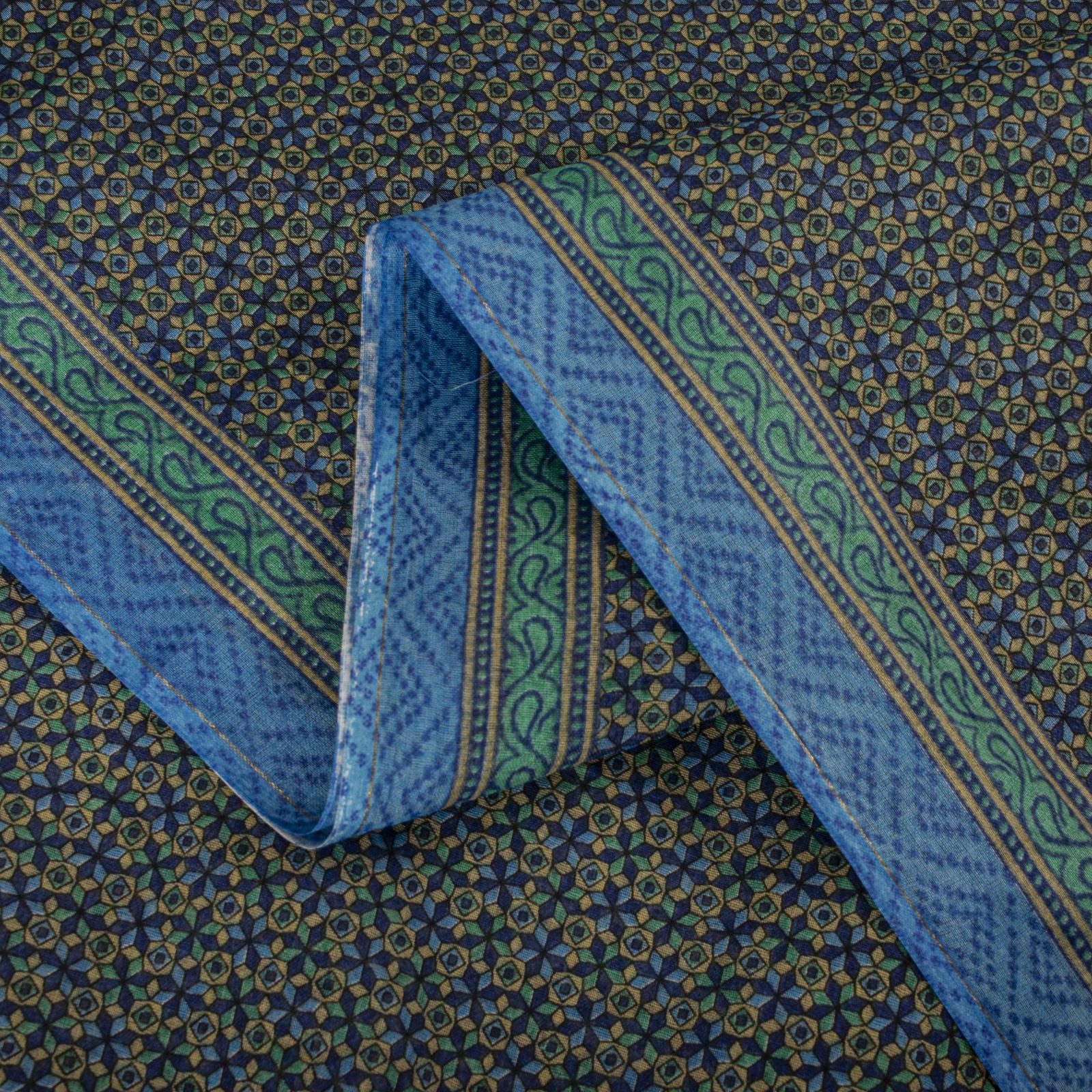 Sanskriti Vintage Saree Blue Pure Cotton Geometric Printed Fabric 5+Yard Sari