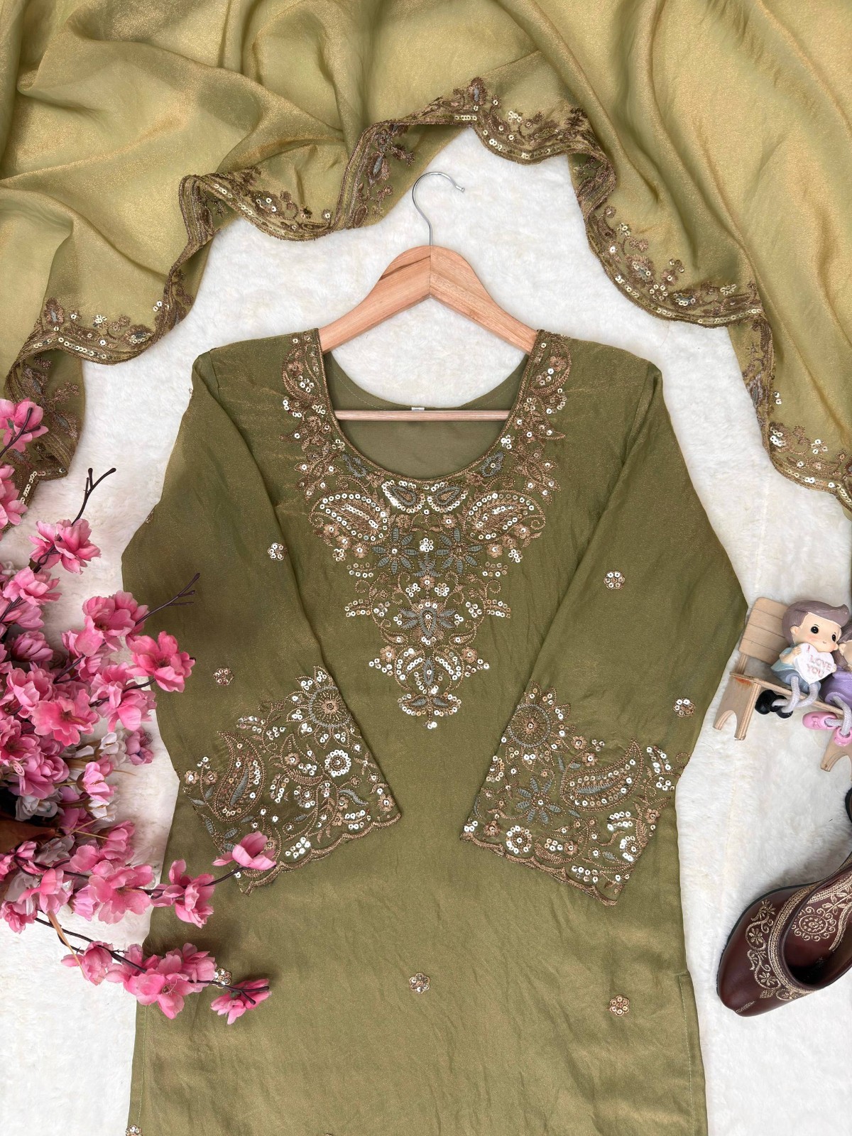 Pakistani Mehendi Green Straight Designer Salwar Kameez Ready Wear Wedding Party