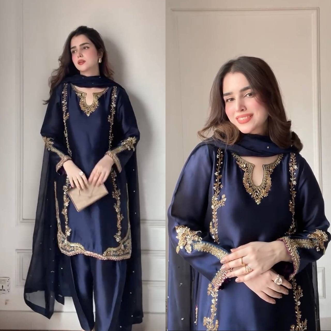 Fashionable Blue Natural Crepe Salwar Kameez With Organza Silk Dupatta For Party