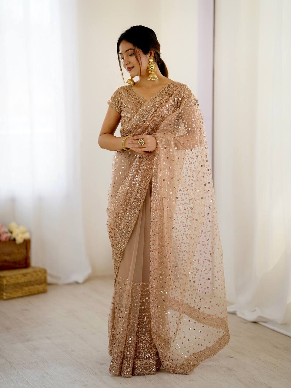 Premium Designer Net Fabric Beige Saree With Blouse For Indian Reception Wear