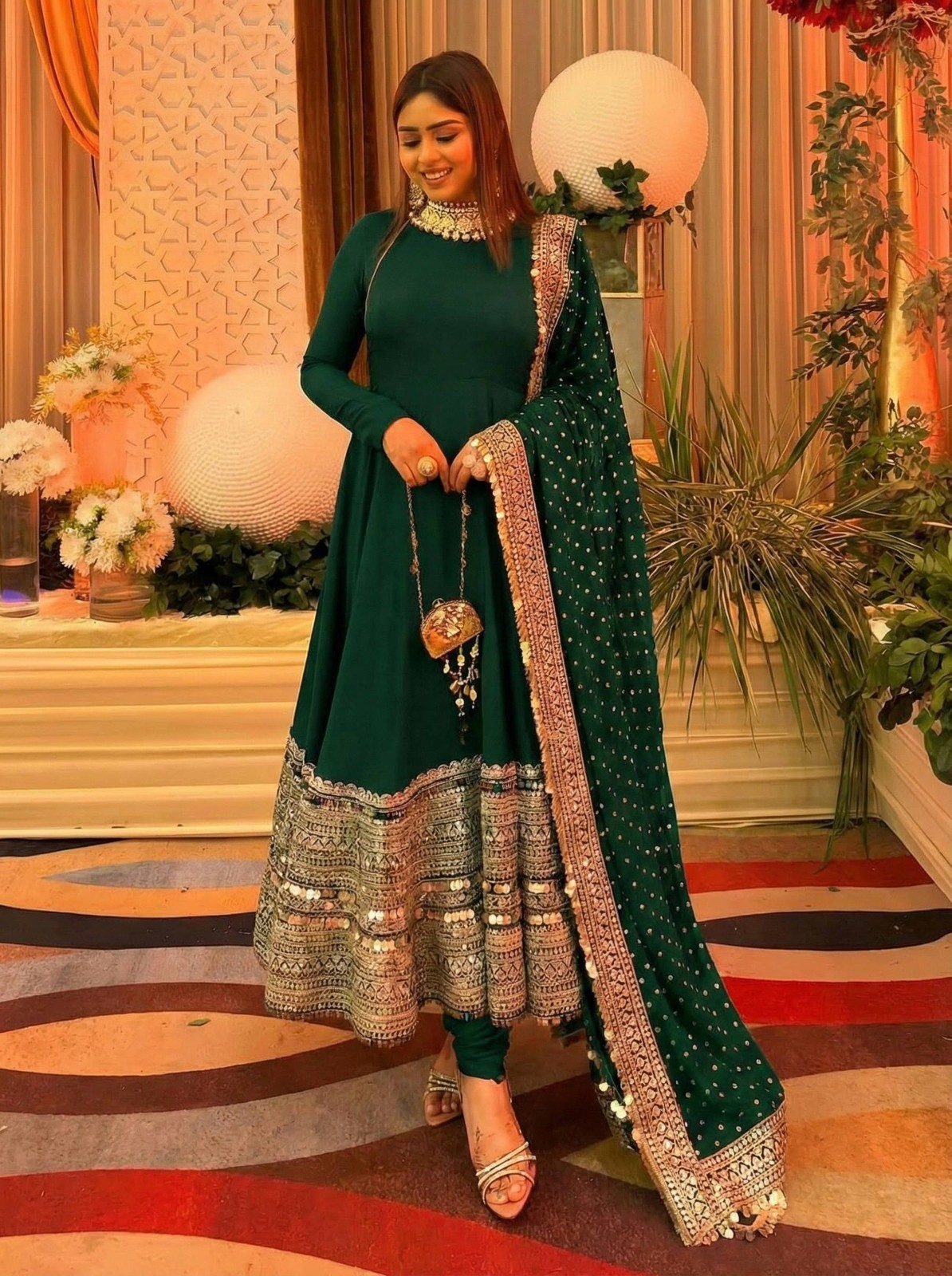 Latest Designer Green Roman Silk Gown Bottom And Dupatta For Wedding & Party