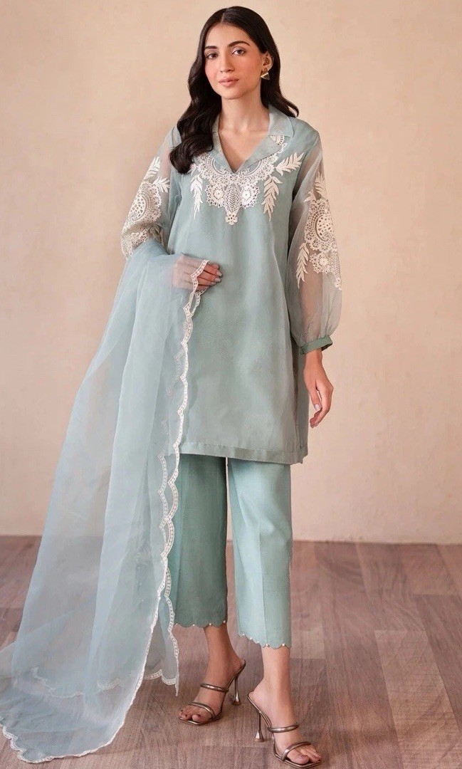Charizma Light Blue Embroidered Chiffon Salwar Kameez for Women Size L