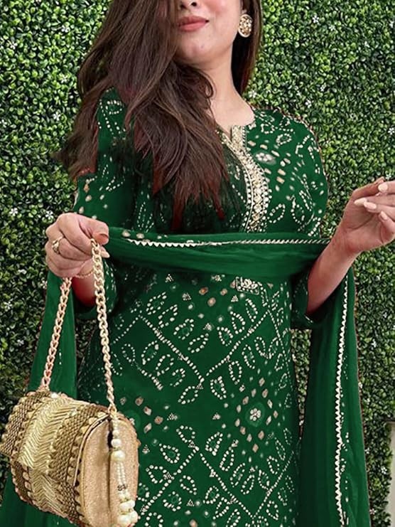Indian Bollywood Green Bandhani Kurta Pant Dupatta Readymade Party Wear Suit A4