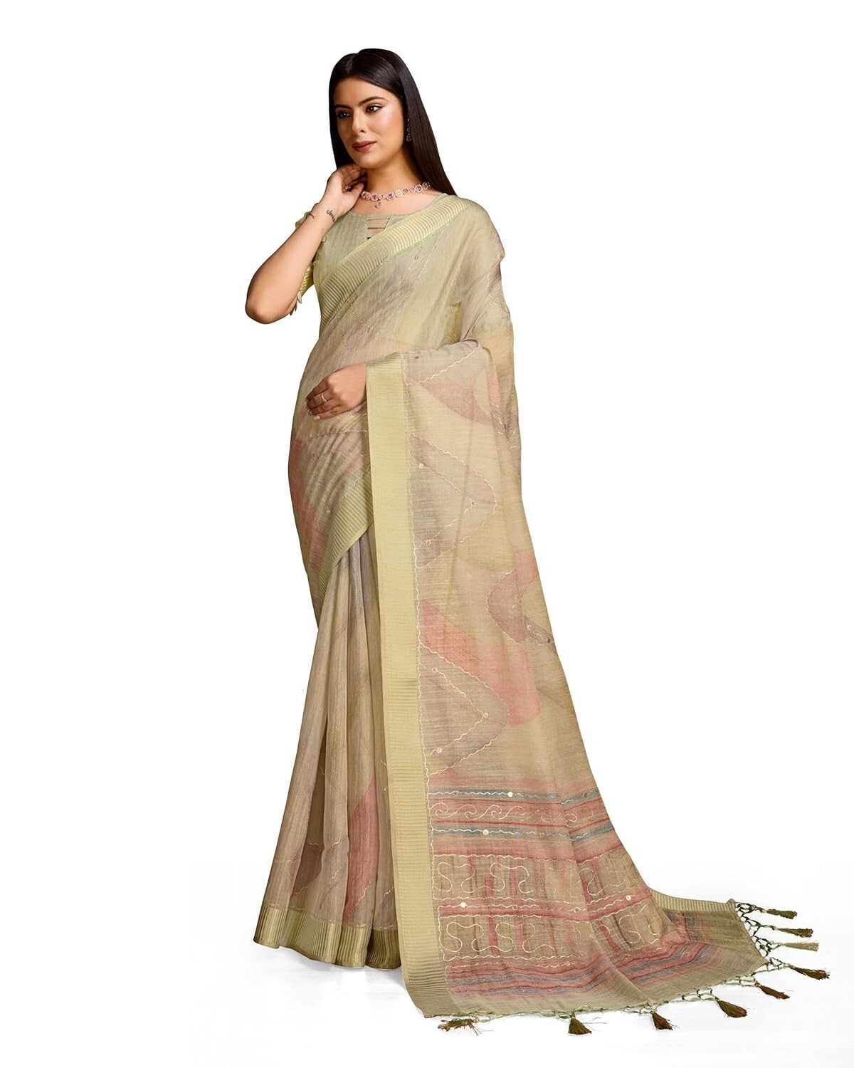 Women’s Heavy Organza Silk Linen Prism Print Saree with Zari Handwork saree
