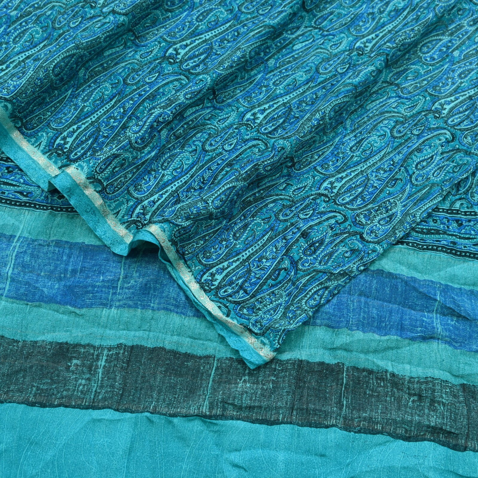 Vintage Sari Blue & Green Pure Crepe Silk Printed Saree 6yd Sewing Fabric Zari