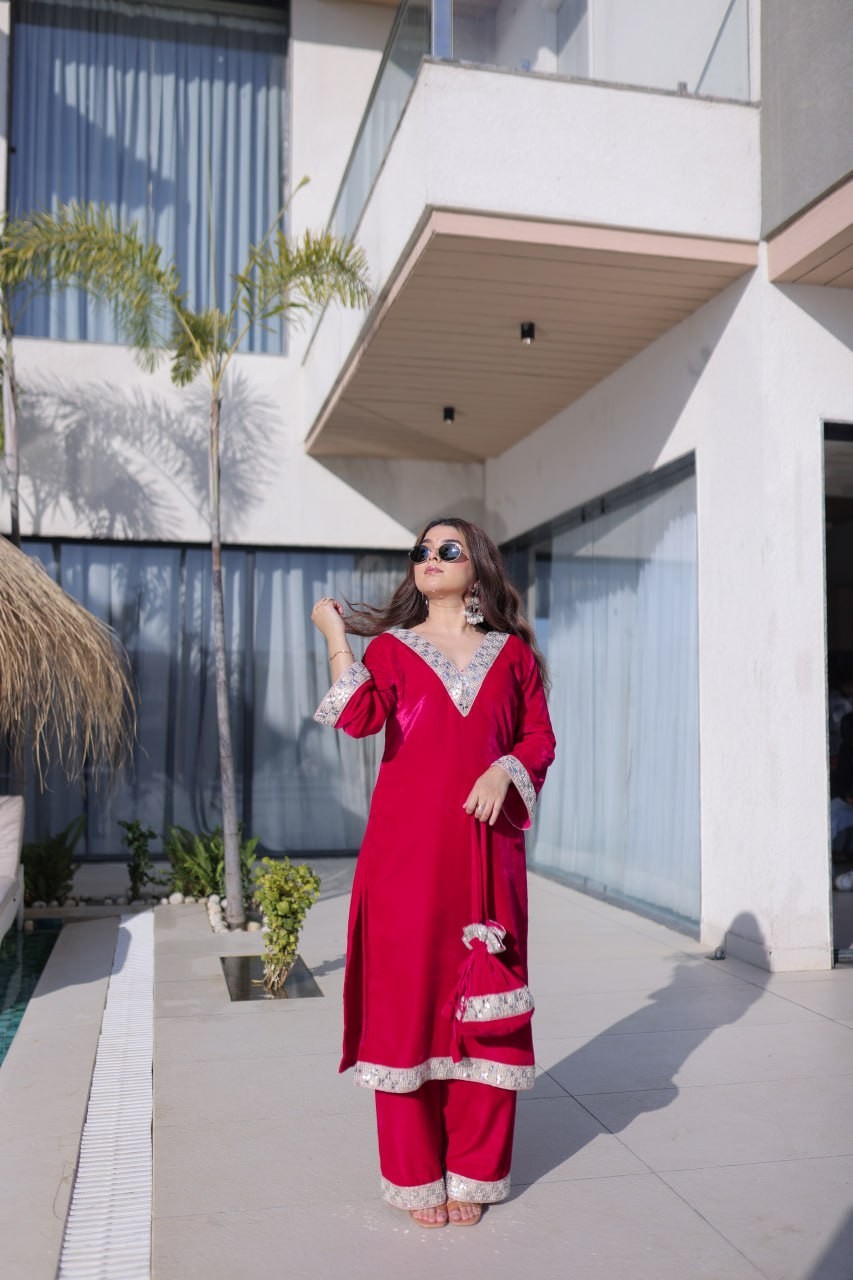 ReadytoWear Velvet Kurti Pant Set | Eid Party Outfit Zari Mirror | S M L XL XXL