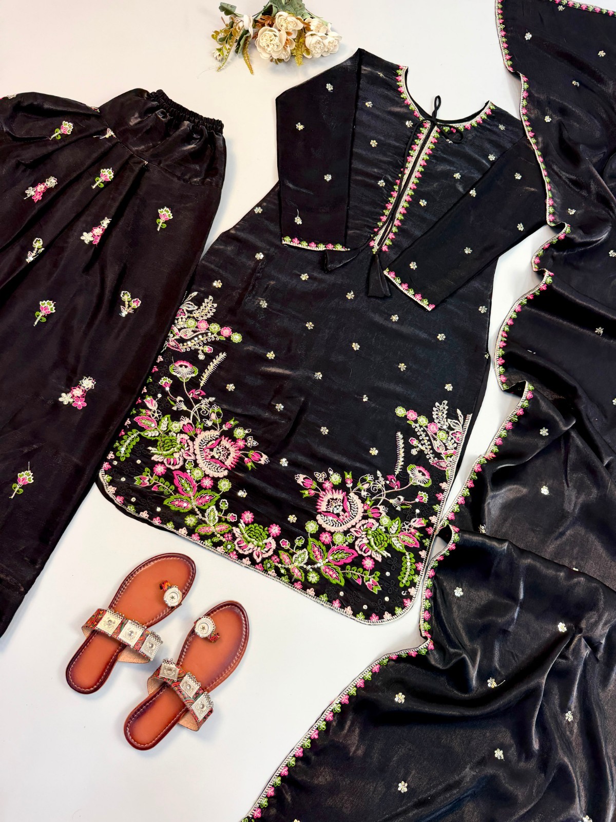 Elegant Black Satin Glass Salwar Kameez With Dupatta For Party Wear