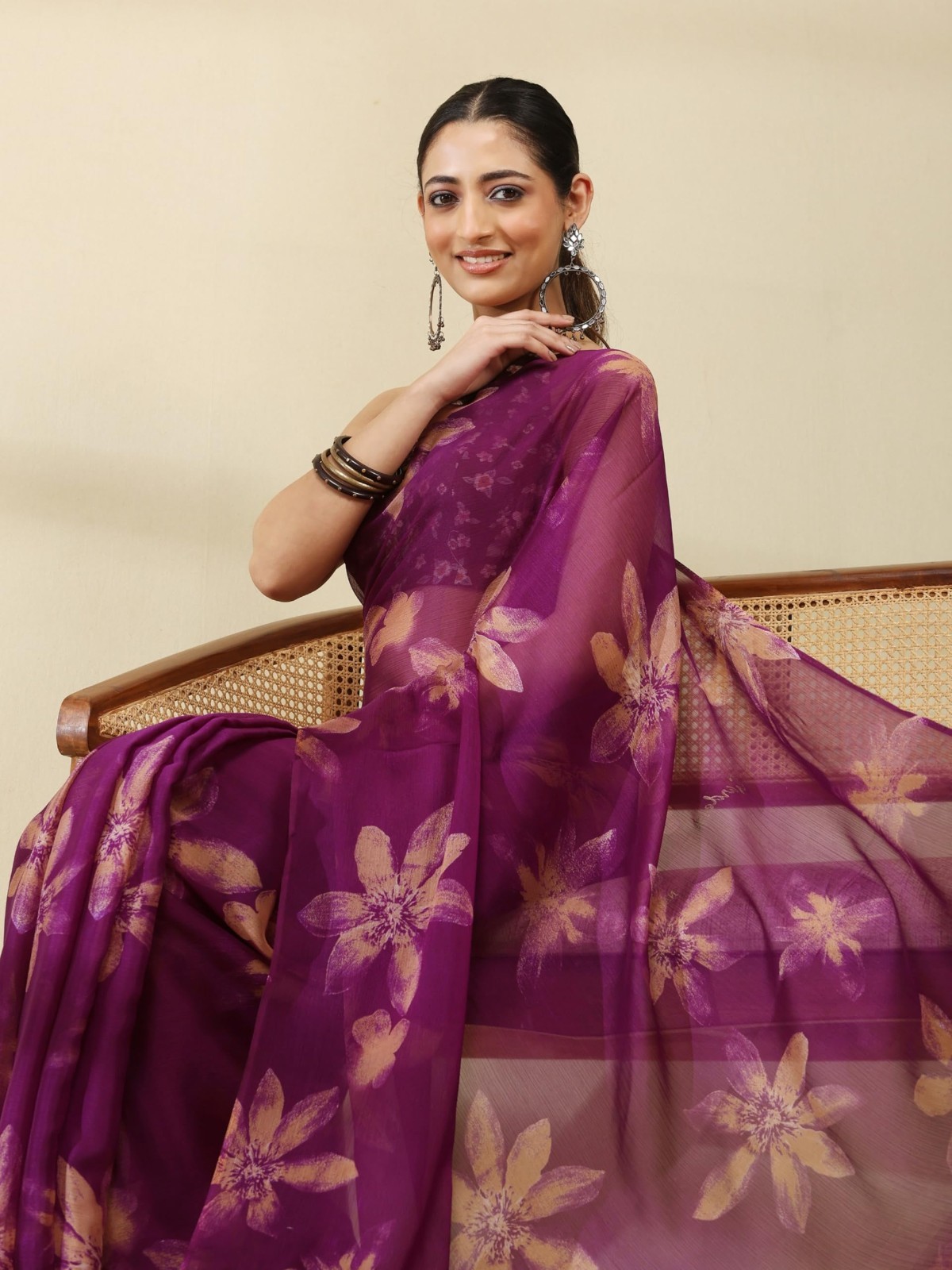 Women’s Floral Print Chiffon Saree Indian Bollywood Designer Festive Party Wear