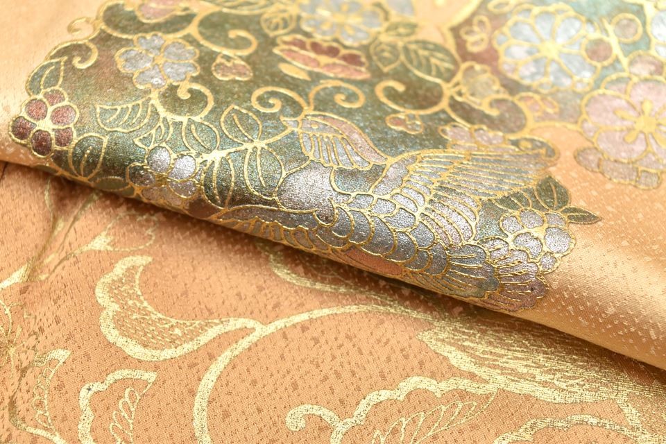 Vintage Japanese Kimono | Houmongi | Gold Ochre Silk | Bird Botanical | rr2012b