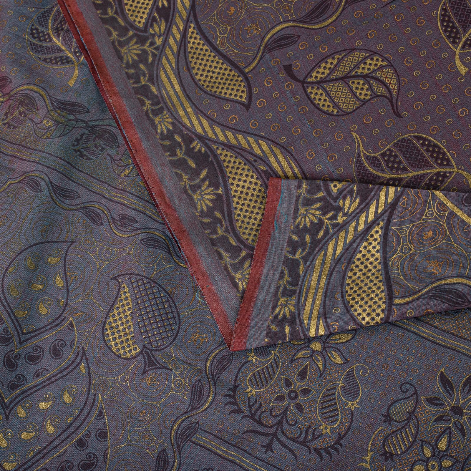 Sanskriti Vintage Saree Grayish Blue Blend Cotton Golden Paint Craft Fabric Sari