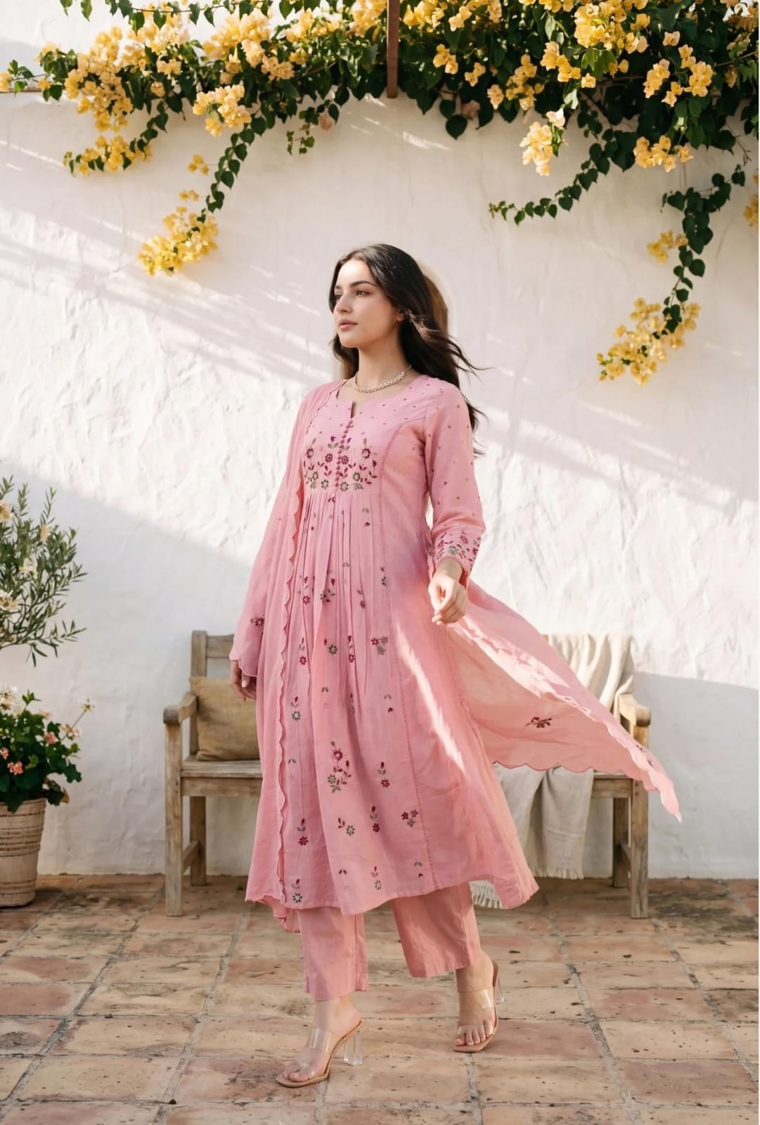 Women’s Cotton Embroidered Anarkali Kurta Pant Dupatta Set White Pink Ethnic Sui