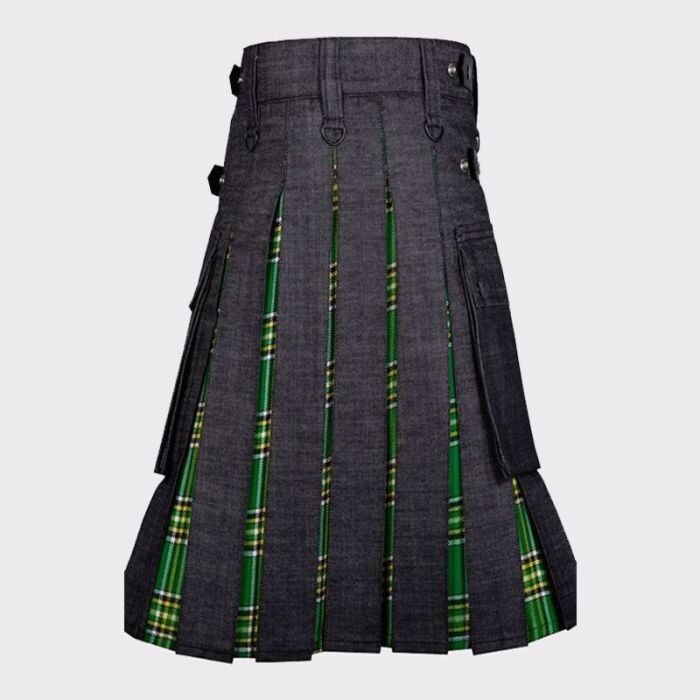 Black Denim Hybrid Scottish Utility Tartan Kilt with Adjustable Strap.