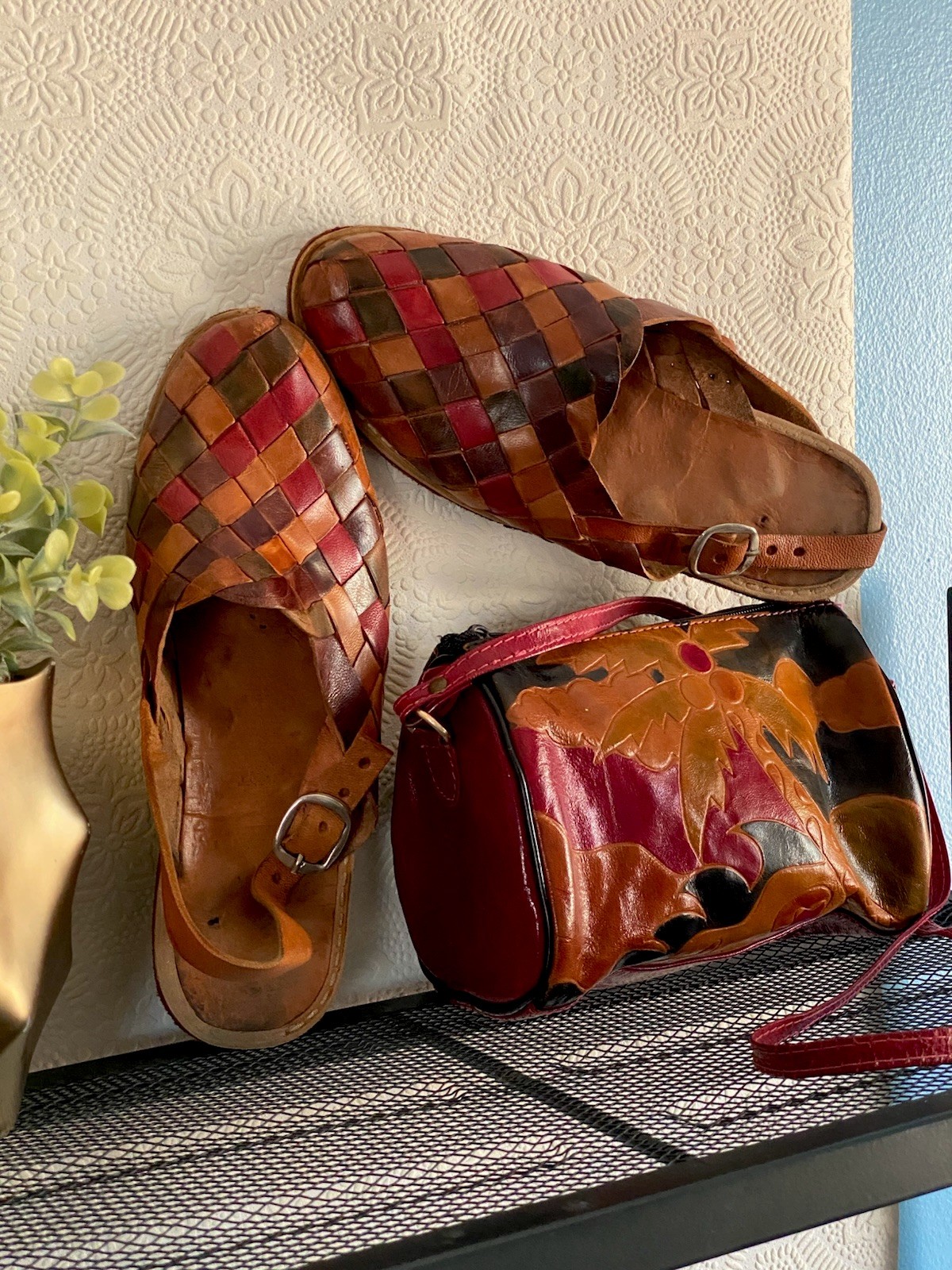 Peculiar HANDMADE LEATHER Bag and Sandals 7M Boho Style, Red Brown Orange.