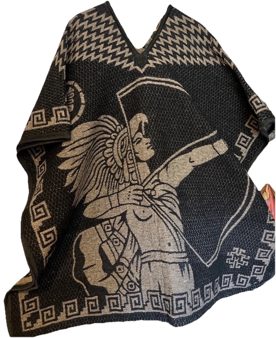 Stunning Mexico City Pancho – Unisex – One Size In Black And Beige, Heavy Cotton