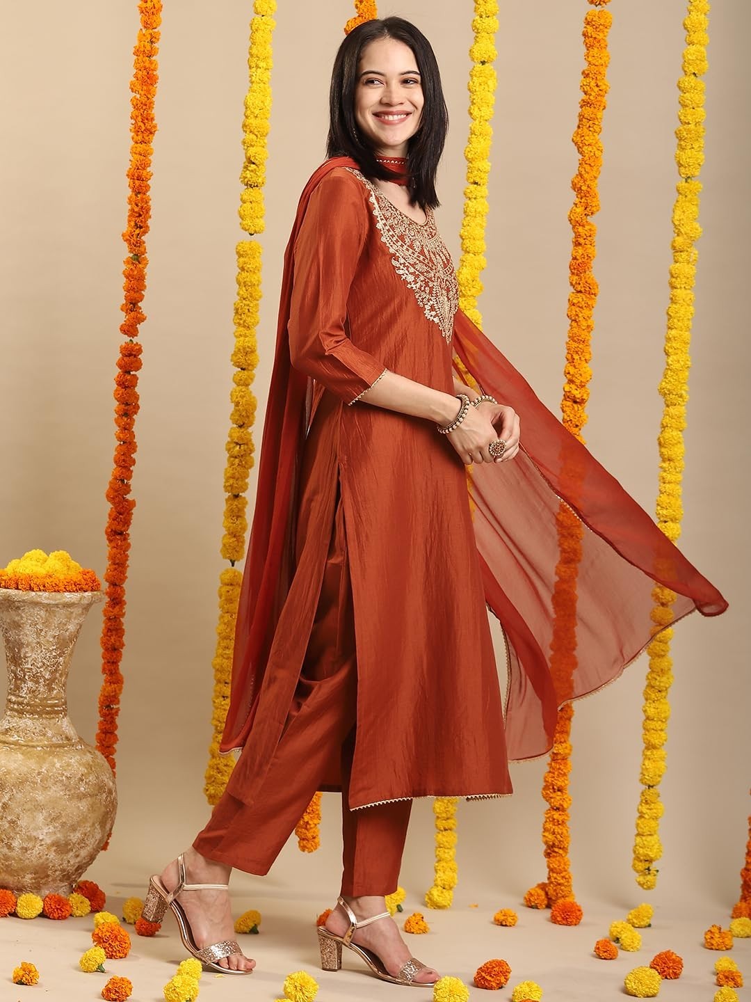 Women’s Rayon Viscose Embroidered Straight Kurta with Pant & Dupatta